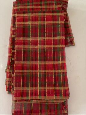 Vintage Pier 1 Red and Green Plaid table napkins with Gold Stripes